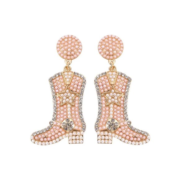 chichigems Jewelry - Sparkly Pink Pearl & CZ Diamond Western Cowgirl Cowboy Boots Dangle Earrings NEW